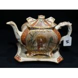 A Staffordshire Pottery Oriental Transfer Decorated Teapot & Matching Stand