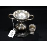 A Two Handled Silver Trophy Cup & Plinth, Together With A Silver Thistle Tot