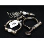 A Pair Of Vintage Police Handcuffs & Key, Together With A Whistle On A Chain