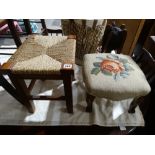 A Contemporary Rush Seated Foot Stool, Together With A Victorian Foot Stool