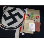 A Collection Of Mixed Militaria To Include A Captured Nazi Flag, Together With British Medals, Army