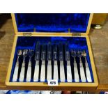 A Twelve Piece Mother Of Pearl Handled Fruit Knife & Fork Part Set