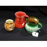 Three Brannam Ware Jugs & Vase, Two With Text