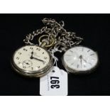 A Silver Plated Verge Pocket Watch, Together With A Plated Pocket Watch & Chain