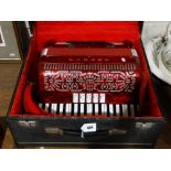 A Boxed Red Finish Fisart Italian Manufacture Accordion In Fitted Case