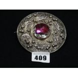A Large Circular Scottish Thistle Brooch With Centre Stone