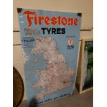 An Excellent Enamel Wall Sign For "Firestone Tyres" Showing A Road Map Of England & Wales, 48 X 29"