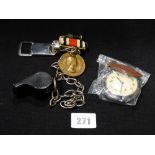 A Caernarfonshire Police Whistle, Pocket Watch & Medal