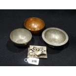 A Circular Beaten Pewter Bowl By Hugh Wallis, Together With Two Other Bowls Etc