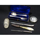 A Patterned Silver Pin Tray, Together With A Cased Silver Christening Fork & Spoon Etc