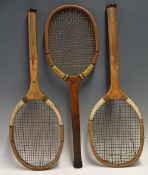 3x Mid 20th Century Wooden Tennis Rackets to include a W.H. James of London 'Aero' racket with a