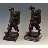 Pair of Bronzed 1920's Golfing Caddie Figures - both mounted on marble bases overall 8.25"h