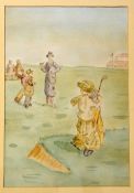 English School Watercolour period golfing scene with golfers and caddies - image 13.25" x 9" -
