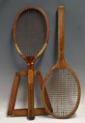 Unnamed Fan Tail Wooden Tennis Racket with a convex wedge, original gut strings (intact), together