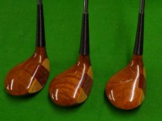 3x Fine Macgregor Tourney brown stained persimmon no. 3 woods c. 1970- all appear as new