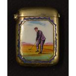 Enamel Golfing Vesta Case c.1920's - Sheffield Plate c/w hinged lid and one panel inlaid with enamel