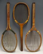 3x Early 1900s Wooden Tennis Rackets to include a 'Dolby's Deluxe' racket with original gut