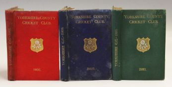 Yorkshire County Cricket Club 1908, 1909 and 1910 Year Books - bound in red, blue and green boards