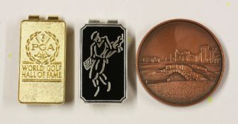 3x Golfing Anniversary Medallions and Money Clips - to incl 25th Anniversary of The Open Golf