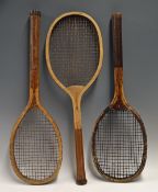 3x C.1890-1900 Wooden Tennis Rackets to include a 'Challenge' racket by EJ Riley of Accrington,