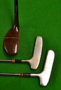 3x interesting putters - wooden mallet head with full brass sole plate and top aiming line in dark