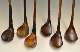 6x various brassie/spoons and one driver - makers incl Alf Padgham, Spalding, G Lowe, C Taylor,