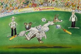 'Bunbury's Down Under' Cricket Print signed with personal inscription to the reverse by David