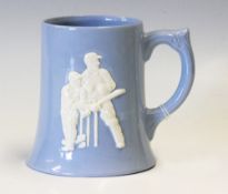 Cricket - Dartmouth Pottery Blue and White Tankard with raised cricketer design to body, good