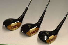 Fine set of Macgregor Tourney Eye-o-matic oiled hardened model persimmon woods c.1955 - No. 1, 2 & 3