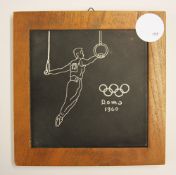 Olympics - 1960 Olympics Plaque with Gymnastics (Rings) illustration a dark tile with embossed