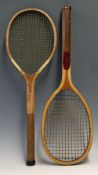 2x Unmarked Junior/Practice Tennis Rackets the first with an elongated head, concave wedge and