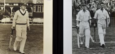 4x Cricket Prints depicting Bradman, Hutton, et al, all black and white depicting batsmen, all