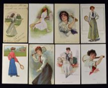 Selection of Coloured Tennis Postcards to include 'Love All', 'The Tennis Girls', 'Her Game', 'The