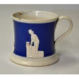 Staffordshire Blue and White Cricket Mug with raised decoration having a beaded rim with Box,