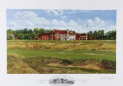 Bill Waugh signed colour golf print: "Royal Liverpool Golf Club - The 16th Green and Clubhouse" -