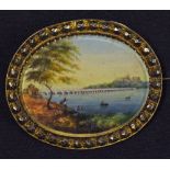 Indian Miniature Painting Brooch depicts Tiruchirapalli Rock Fort and Bridge within white metal