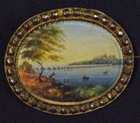 Indian Miniature Painting Brooch depicts Tiruchirapalli Rock Fort and Bridge within white metal