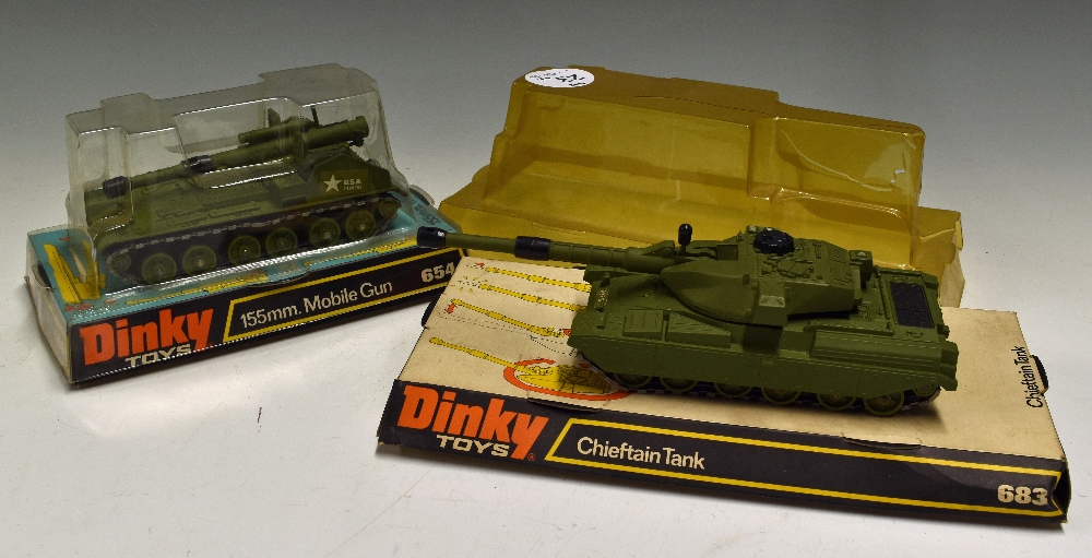 Dinky Toys Military Diecast Models 683 Chieftain Tank plus 654 155mm Mobile Gun both on carded