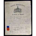 Guy's Hospital Certificate Of Honour to Mr H. Clarke, 3rd Year Student Oct 1873 - Impressive