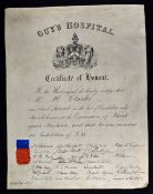 Guy's Hospital Certificate Of Honour to Mr H. Clarke, 3rd Year Student Oct 1873 - Impressive