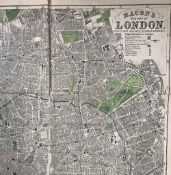 Map - Bacon's New Map of London c.1880s, divided into half mile squares and circles, scale 4"to