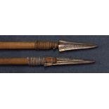 2x Reproduction Spears made for Film with brass head tied to wooden shaft, measures 230cm approx.