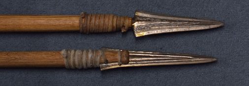2x Reproduction Spears made for Film with brass head tied to wooden shaft, measures 230cm approx.