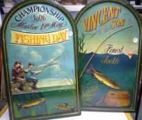 Fishing Tackle - 2x Wooden Fishing Advertisement Boards with dome tops, 'Vincent & Son' and '