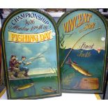 Fishing Tackle - 2x Wooden Fishing Advertisement Boards with dome tops, 'Vincent & Son' and '