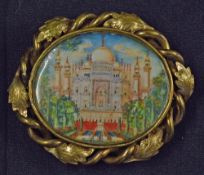 Indian Miniature Painting Brooch depicts Taj Mahal within decorative entwined floral pattern white