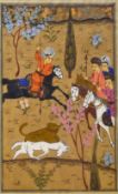 Asian Painting Hunting Scene a colourful painting depicting riders on horseback, framed measures