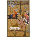 Asian Painting Hunting Scene a colourful painting depicting riders on horseback, framed measures