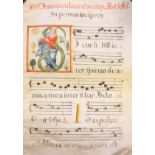 A large impressive decorative liturgical manuscript leaf on vellum - with a charming painting,