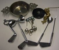 Various Golfing Items to include Pewter Bowl Guilford GC 1954, Selection of enamel Tea Spoons for